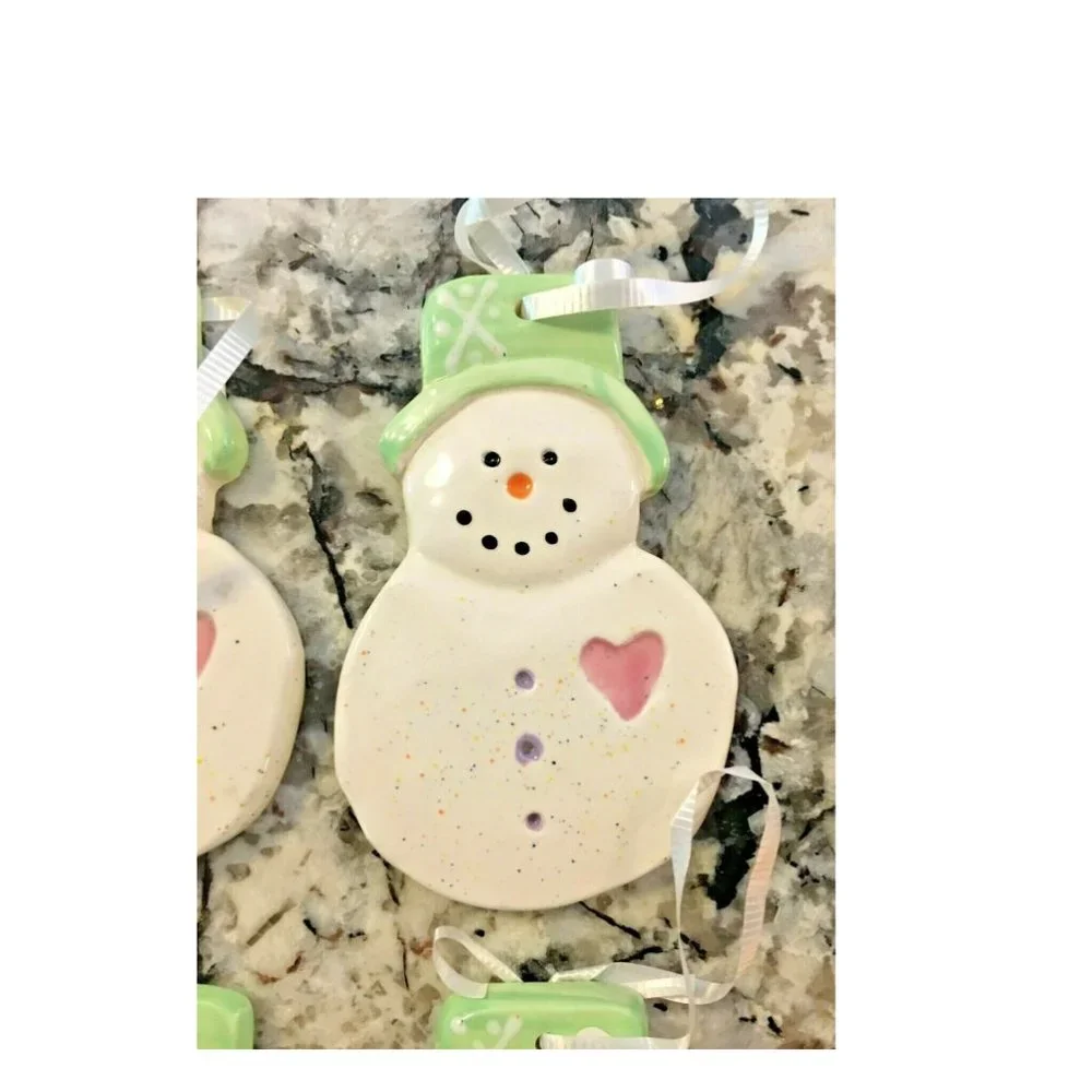 Lot of 6 Hand-Painted Ceramic Christmas Ornaments Snowman wearing Tophat